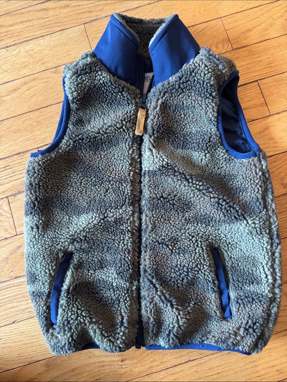 Kids Sherpa Fleece Vest in Olive Green camo with Blue Trim
